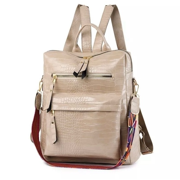 Faux Leather Croco Embossed Convertible Shoulder Bag Backpack Cream Beige - Picture 2 of 15